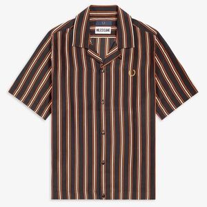 FRED PERRY X MILES KANE 
Striped Bowling Shirt - Brown Size: Small
